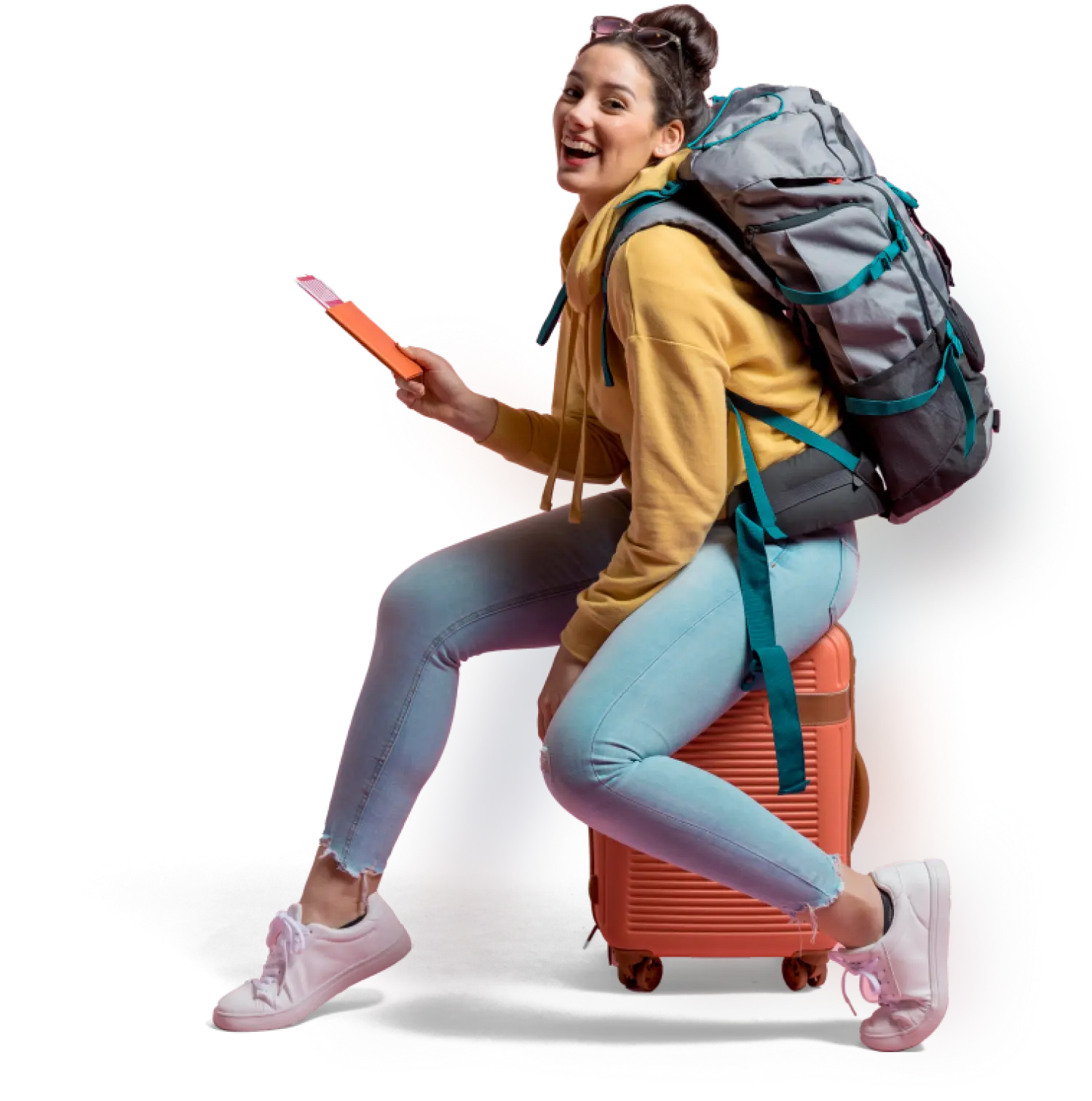 Mulher com malas e uma passagem